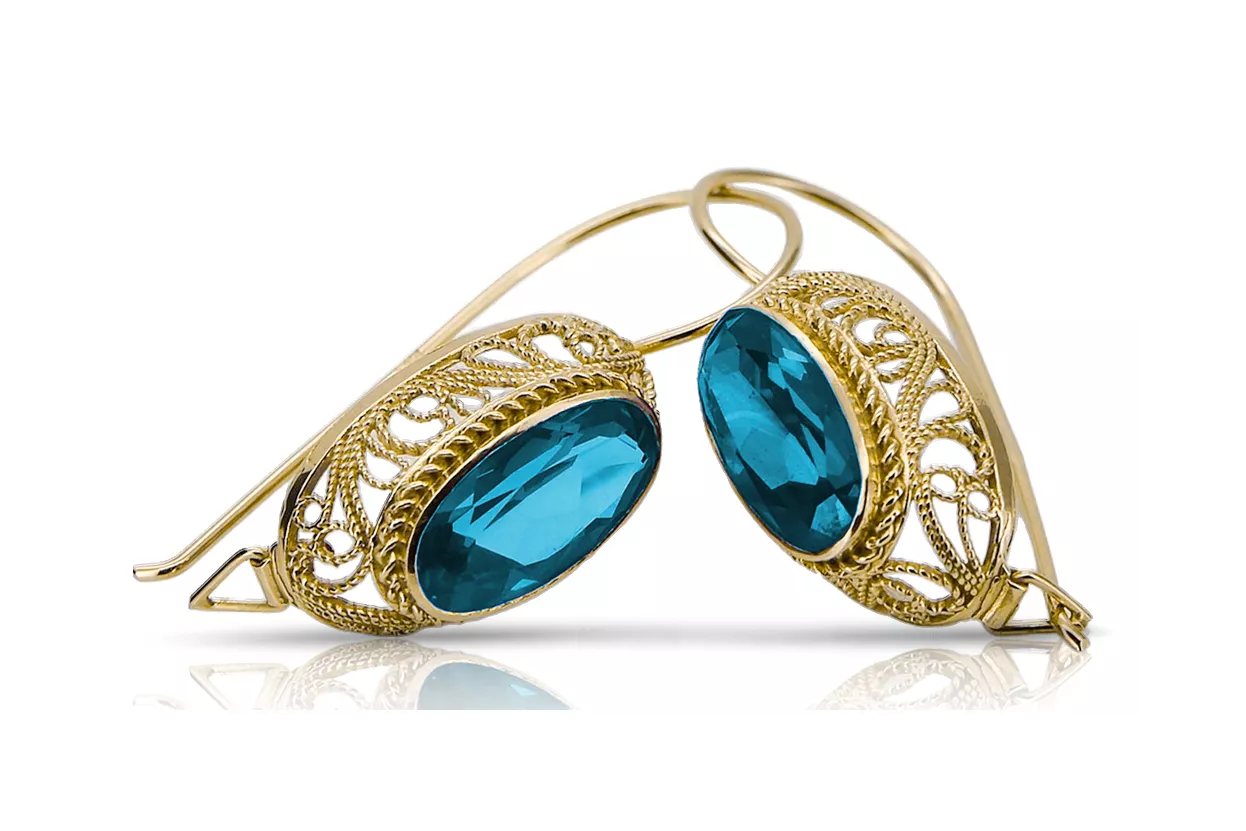 Серьги Аквамарин 14-кв Желтое золото Винтаж стиль vec023y